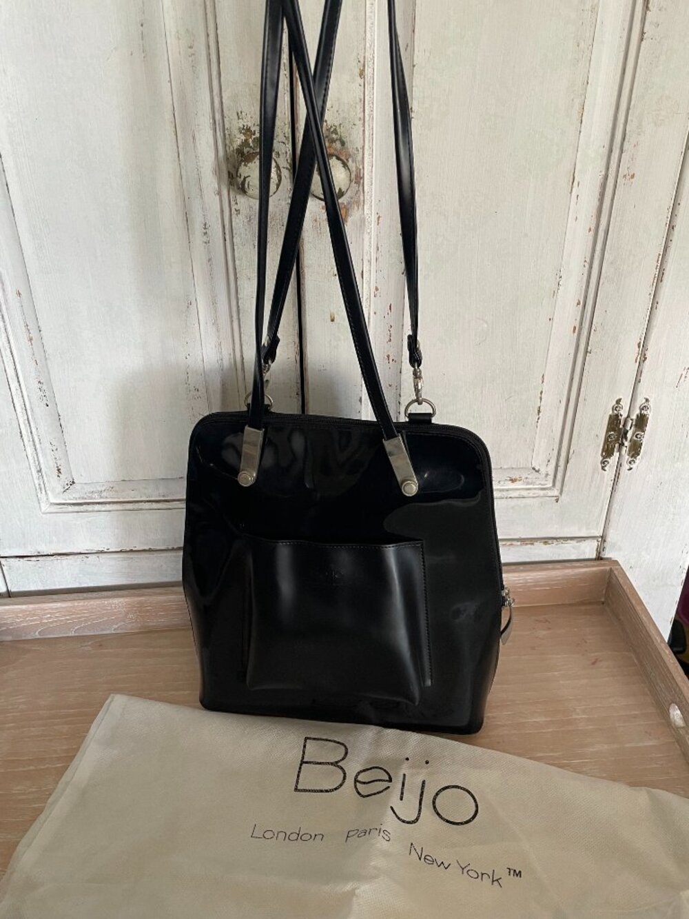 Beijo Black Patent Leather Convertiible Backpack/Purse